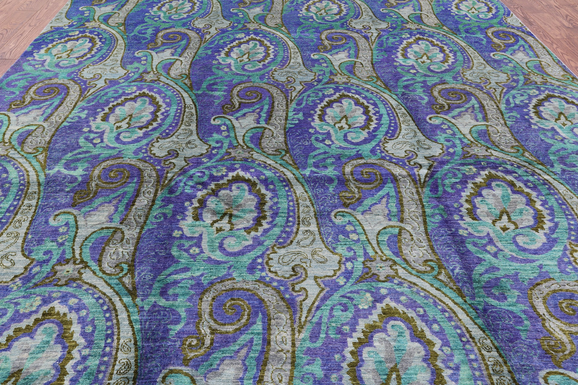 Blue William Morris Hand Knotted Wool Rug - 9' 0" X 12' 1" - Golden Nile
