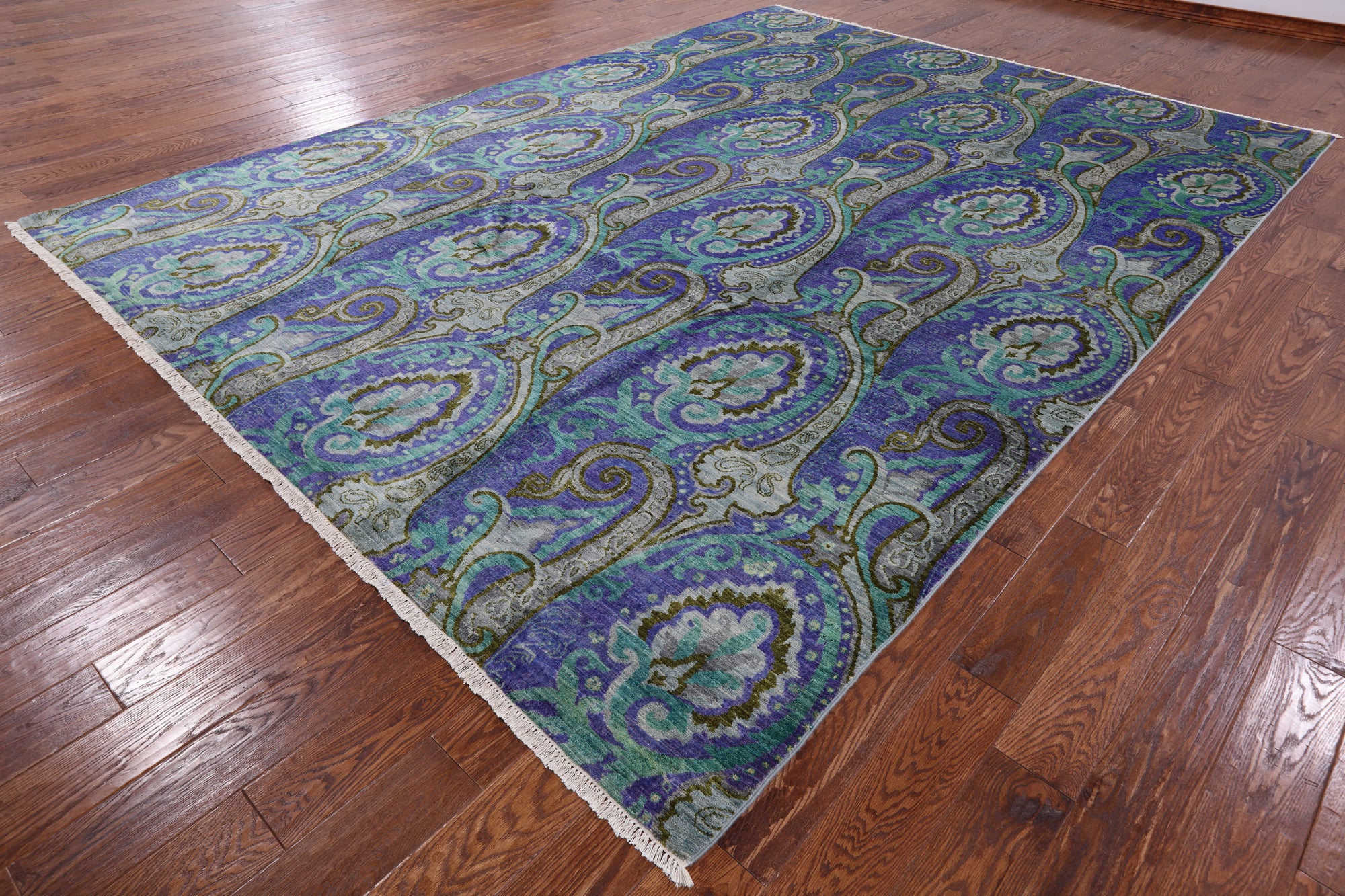 Blue William Morris Hand Knotted Wool Rug - 9' 0" X 12' 1" - Golden Nile