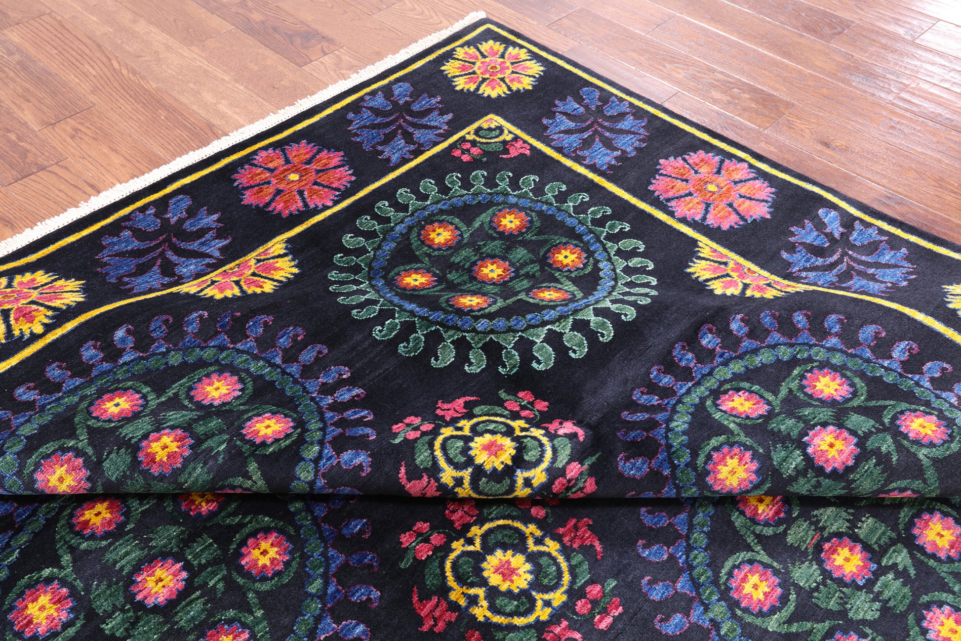 Black William Morris Hand Knotted Wool Area Rug - 8' 1" X 9' 10" - Golden Nile
