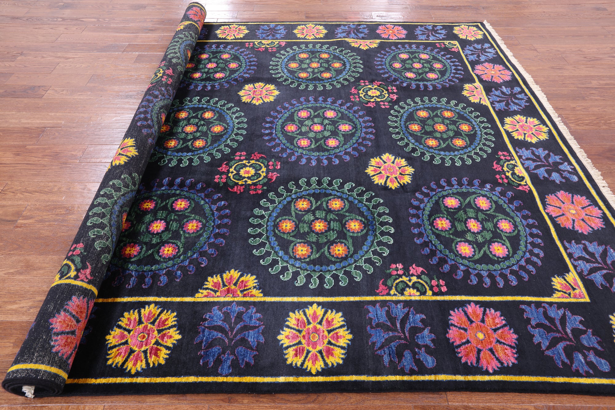 Black William Morris Hand Knotted Wool Area Rug - 8' 1" X 9' 10" - Golden Nile