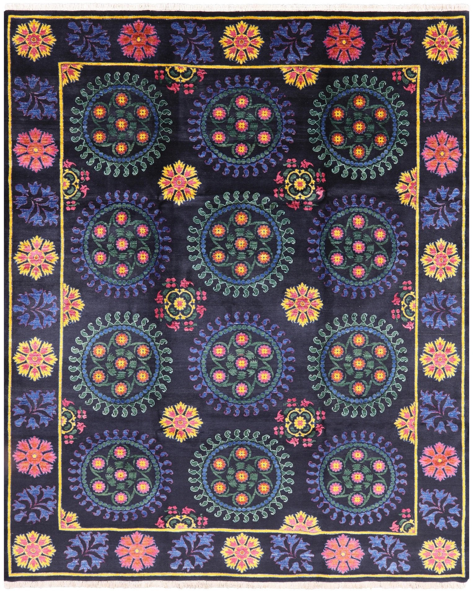 Black William Morris Hand Knotted Wool Area Rug - 8' 1" X 9' 10" - Golden Nile