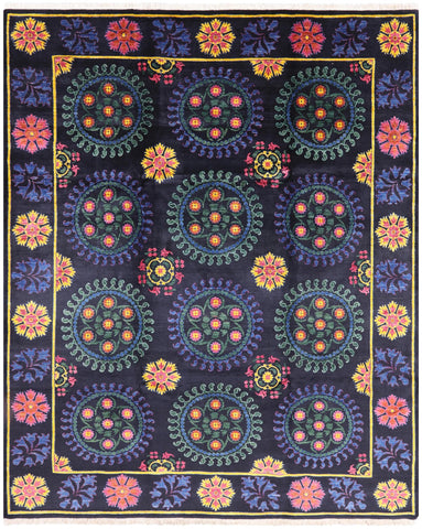 Black William Morris Hand Knotted Wool Area Rug - 8' 1