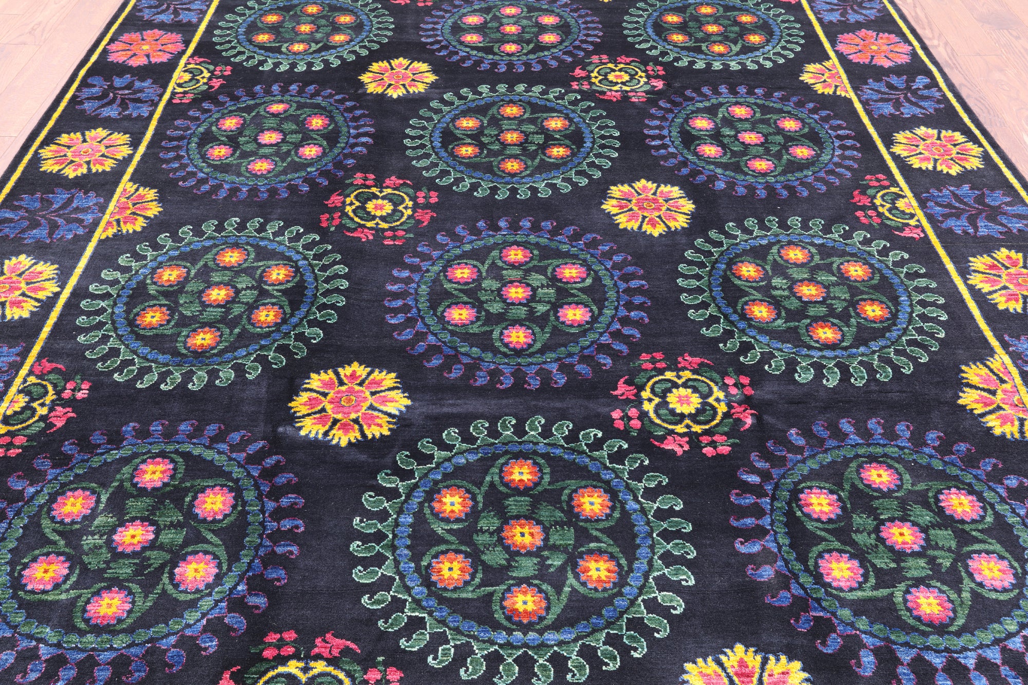 Black William Morris Hand Knotted Wool Area Rug - 8' 1" X 9' 10" - Golden Nile