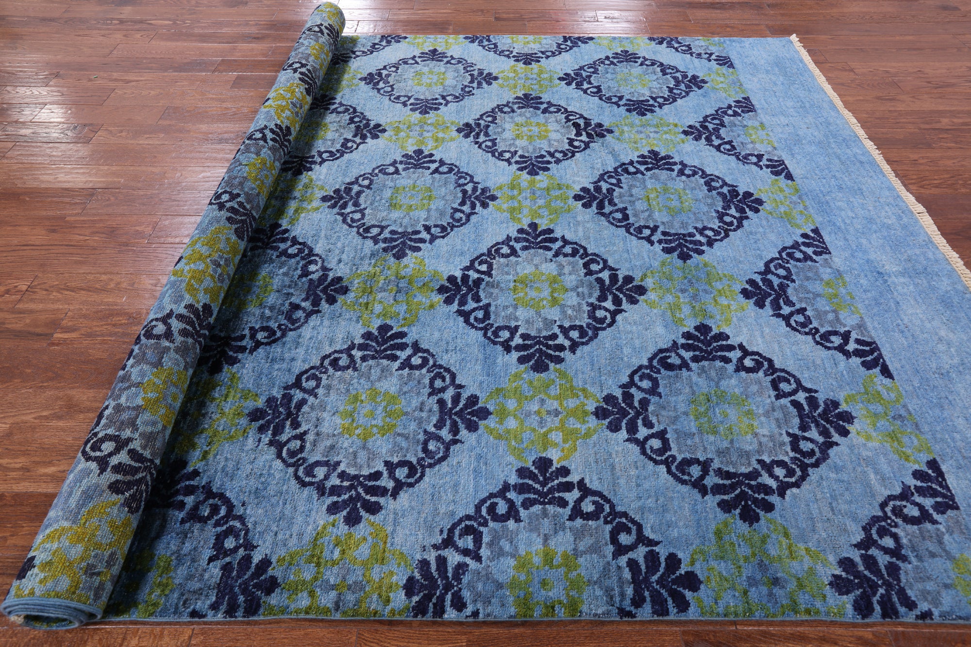 Blue Ikat Handmade Wool Area Rug - 7' 10" X 10' 2" - Golden Nile