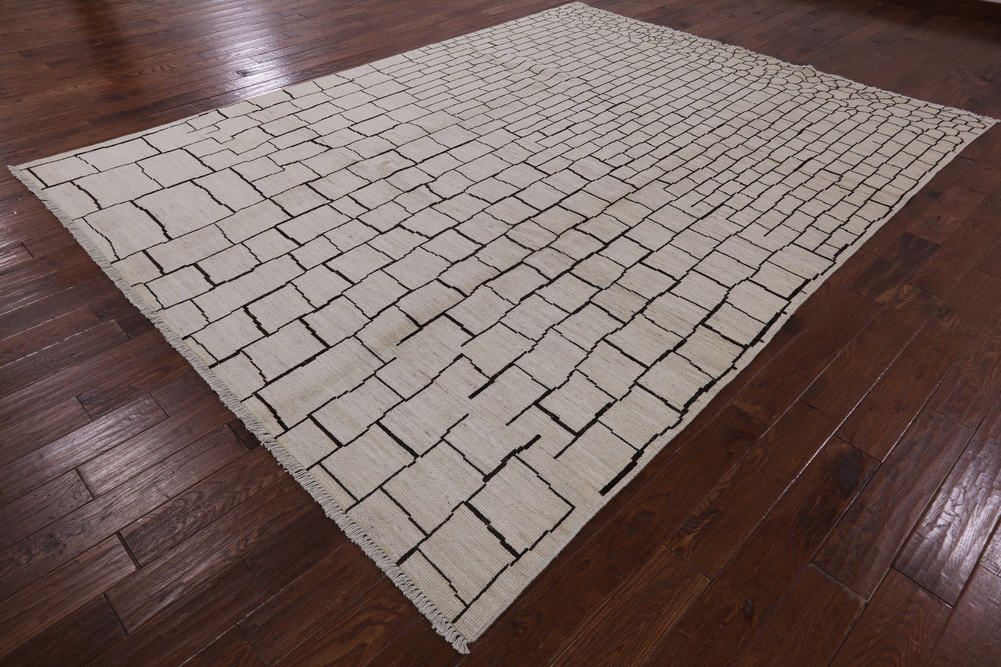 Ivory Tribal Moroccan Hand Knotted Wool Rug - 9' 0" X 11' 7" - Golden Nile