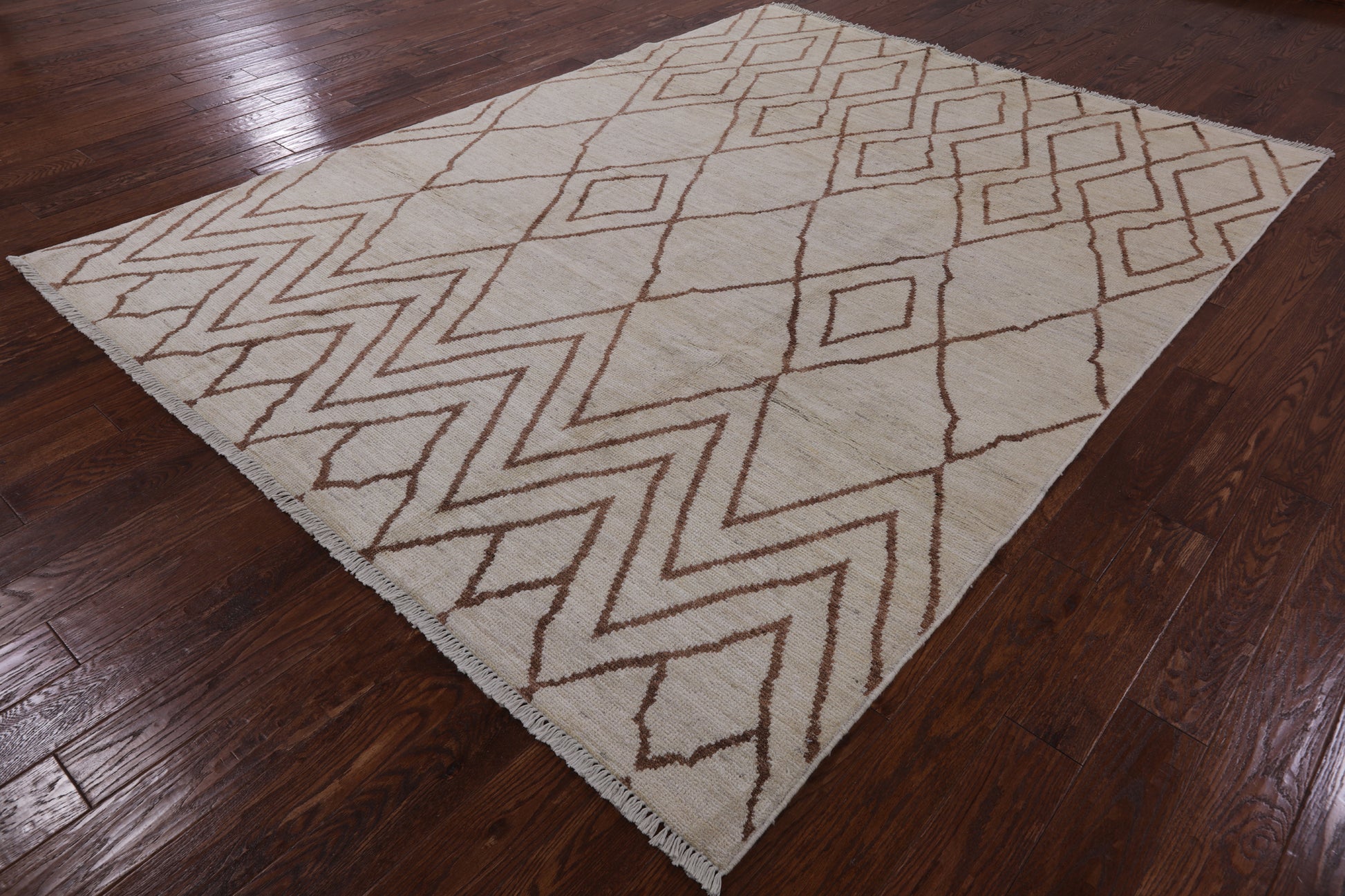 Ivory Tribal Moroccan Hand Knotted Wool Area Rug - 7' 6" X 9' 10" - Golden Nile