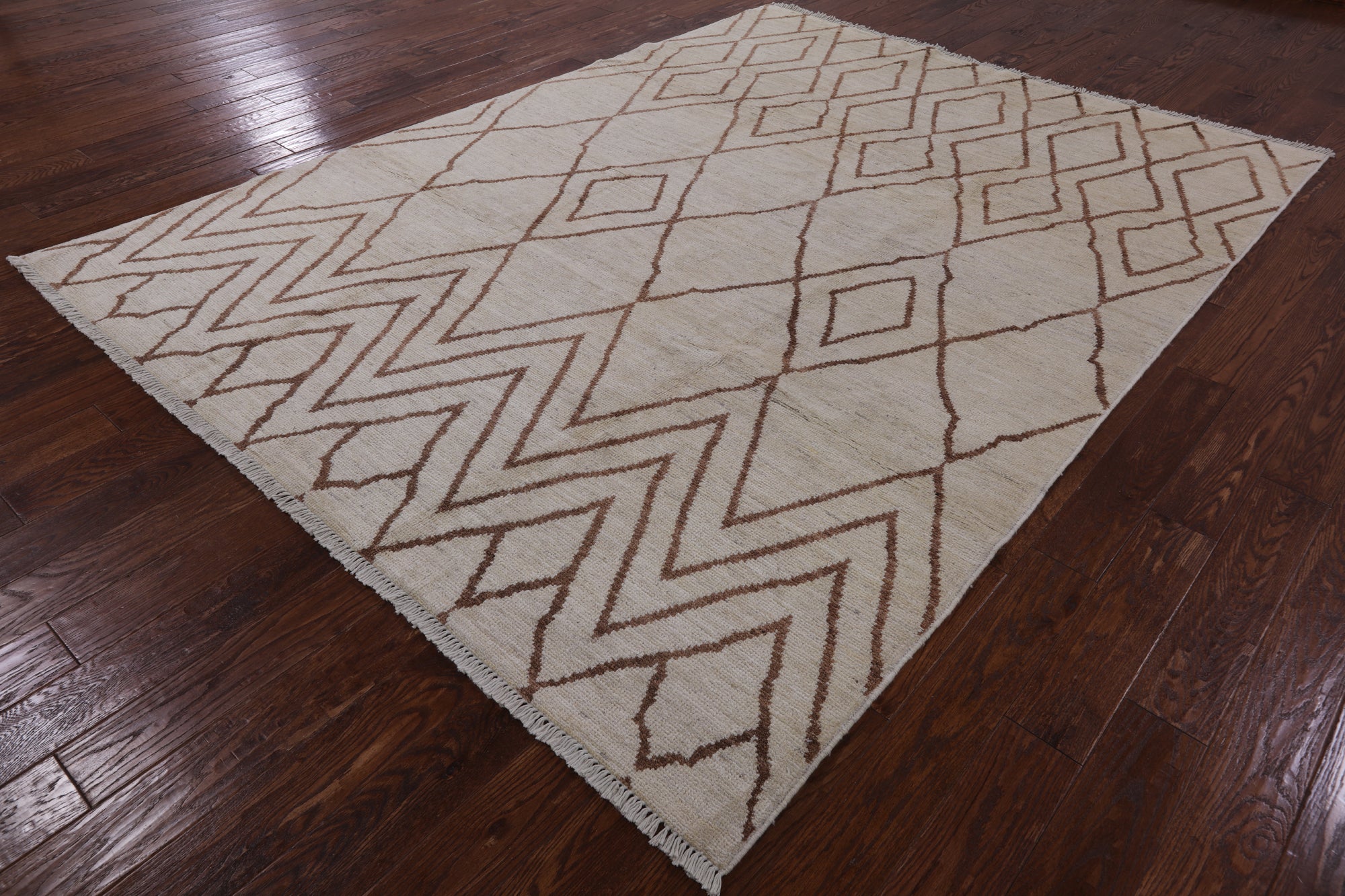 Ivory Tribal Moroccan Hand Knotted Wool Area Rug - 7' 6" X 9' 10" - Golden Nile