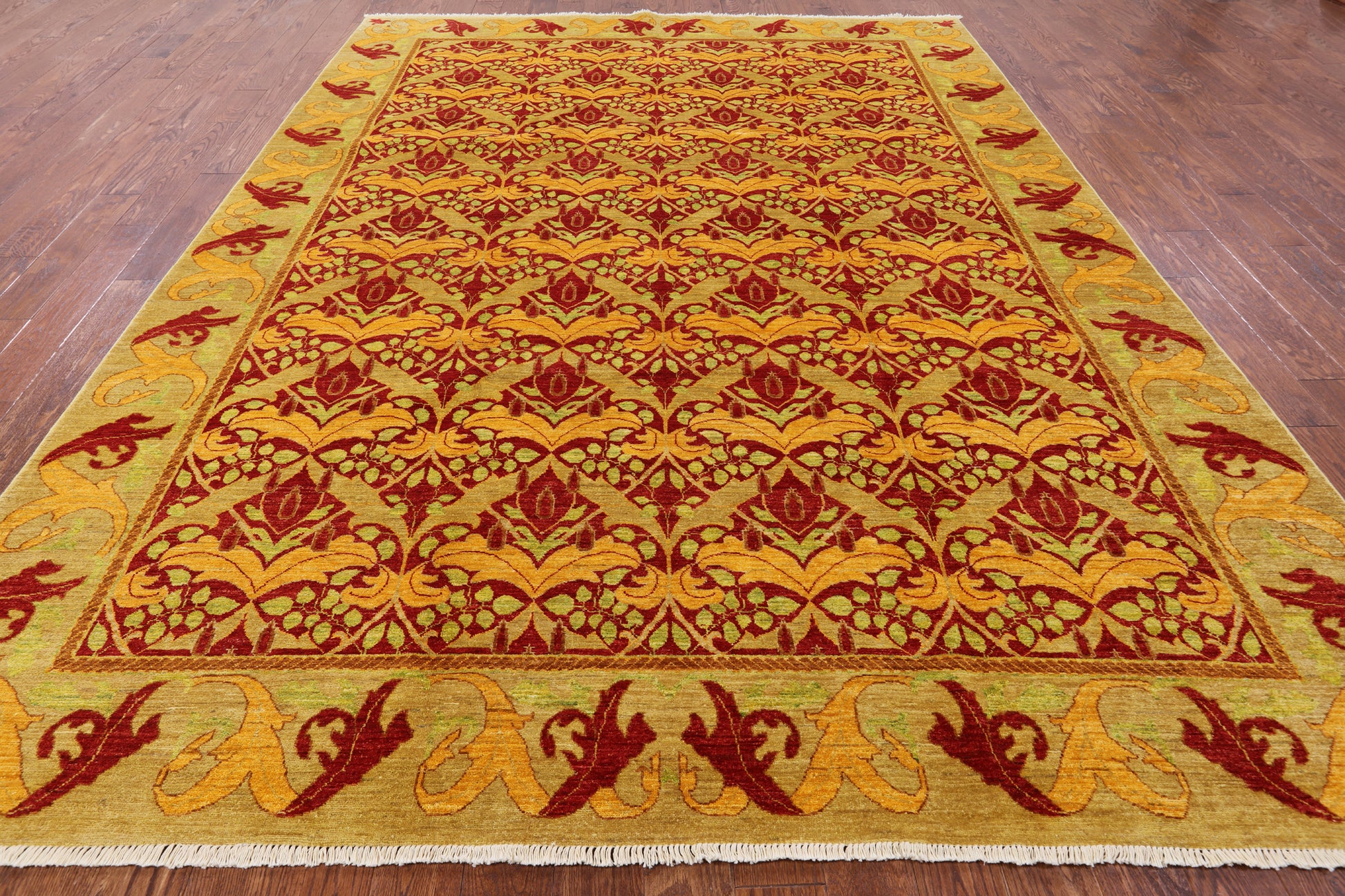 Red William Morris Handmade Area Rug - 8' 10" X 12' 1" - Golden Nile