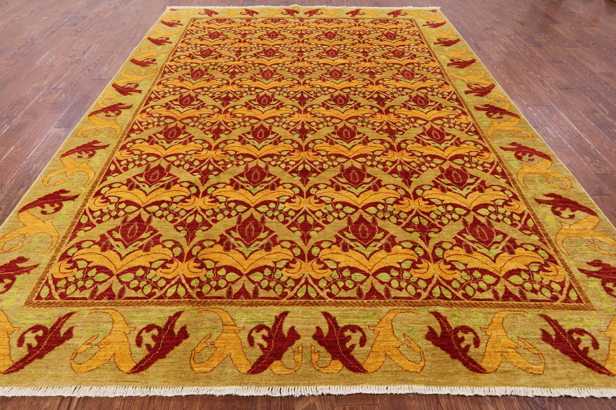 Red William Morris Handmade Area Rug - 8' 10" X 12' 1" - Golden Nile