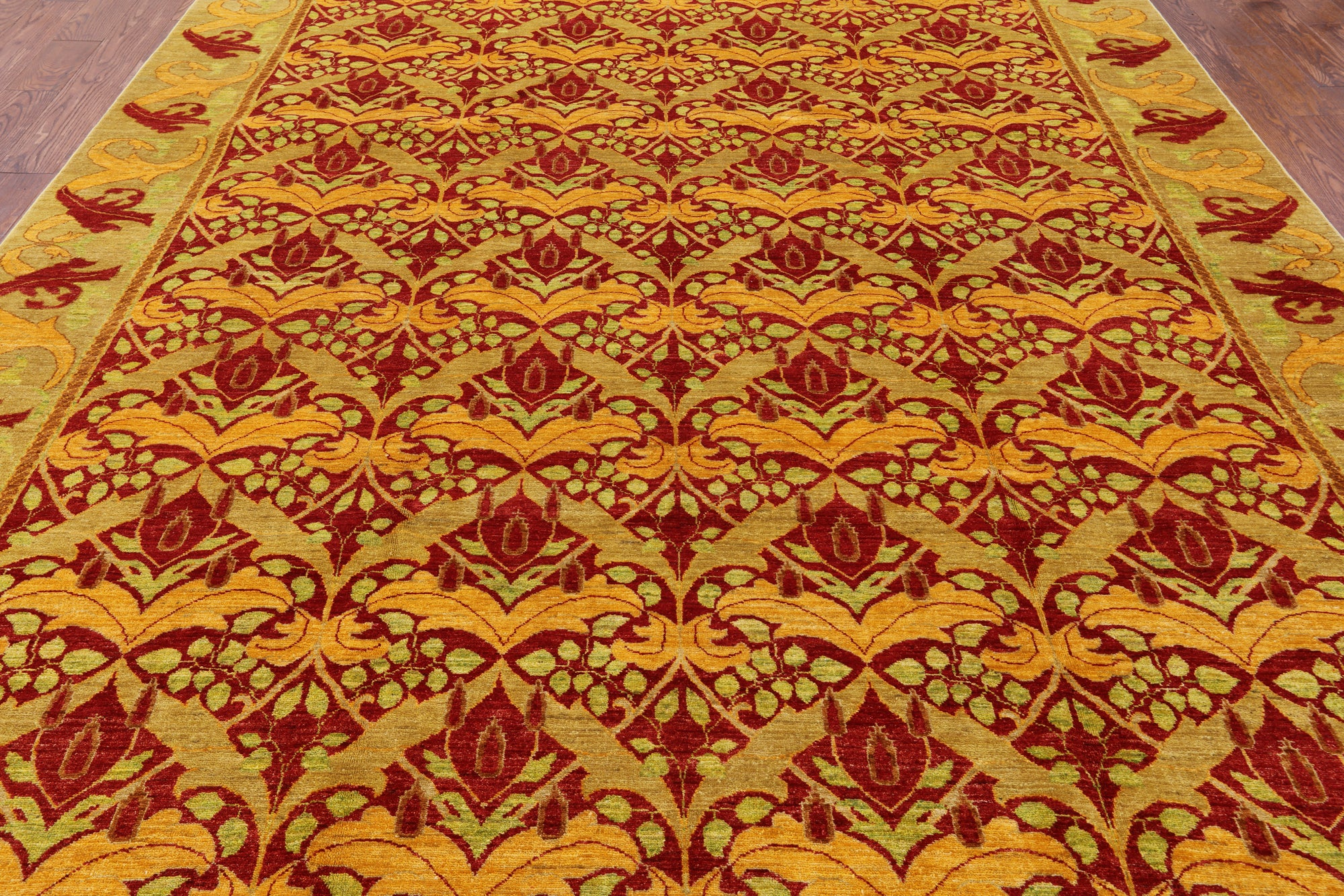Red William Morris Handmade Area Rug - 8' 10" X 12' 1" - Golden Nile