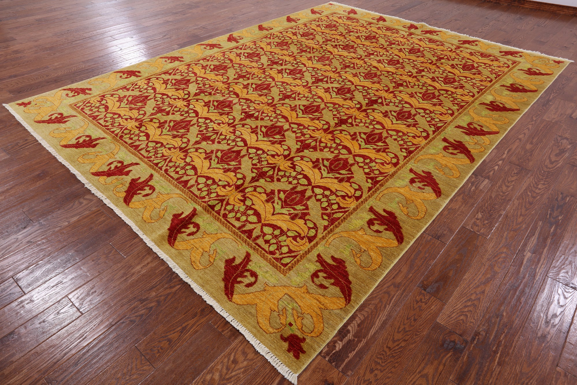 Red William Morris Handmade Area Rug - 8' 10" X 12' 1" - Golden Nile