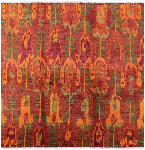 Square Ikat Hand Knotted Wool Rug - 9' 10" X 9' 10" - Golden Nile