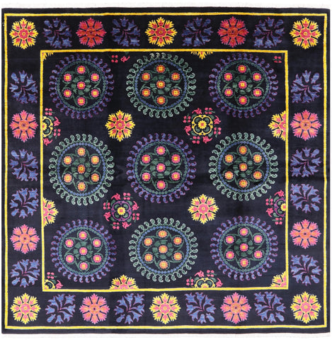 Black Square William Morris Hand Knotted Wool Area Rug - 9' 1