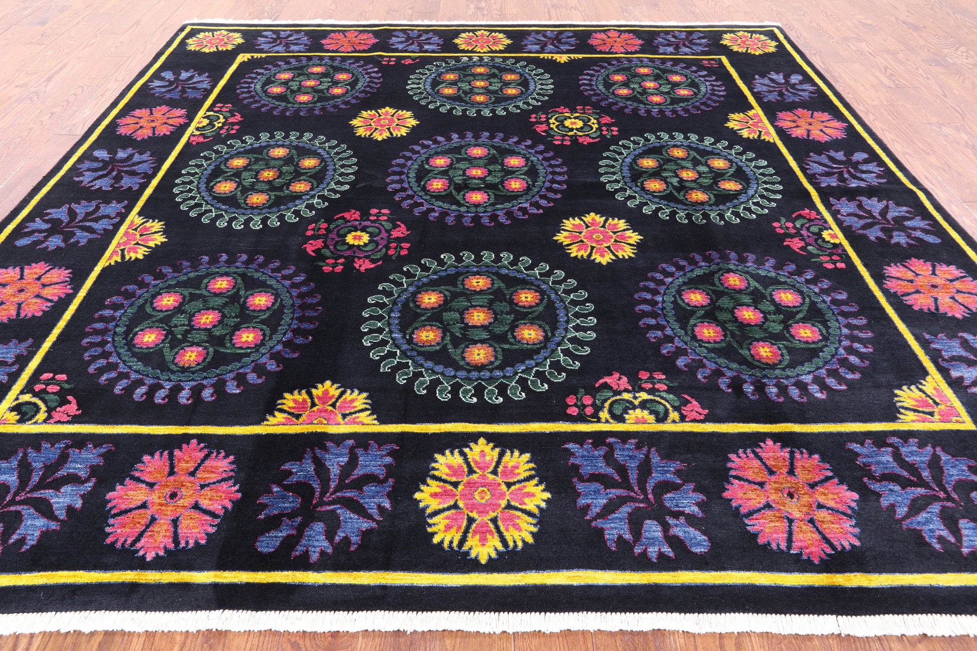 Black Square William Morris Hand Knotted Wool Area Rug - 9' 1" X 9' 3" - Golden Nile