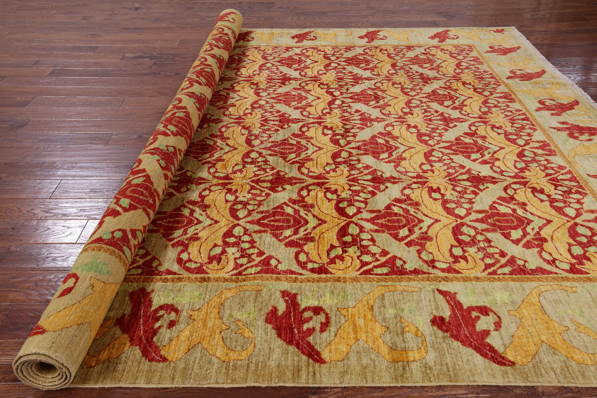 Red William Morris Hand Knotted Area Rug - 9' 2" X 11' 10" - Golden Nile