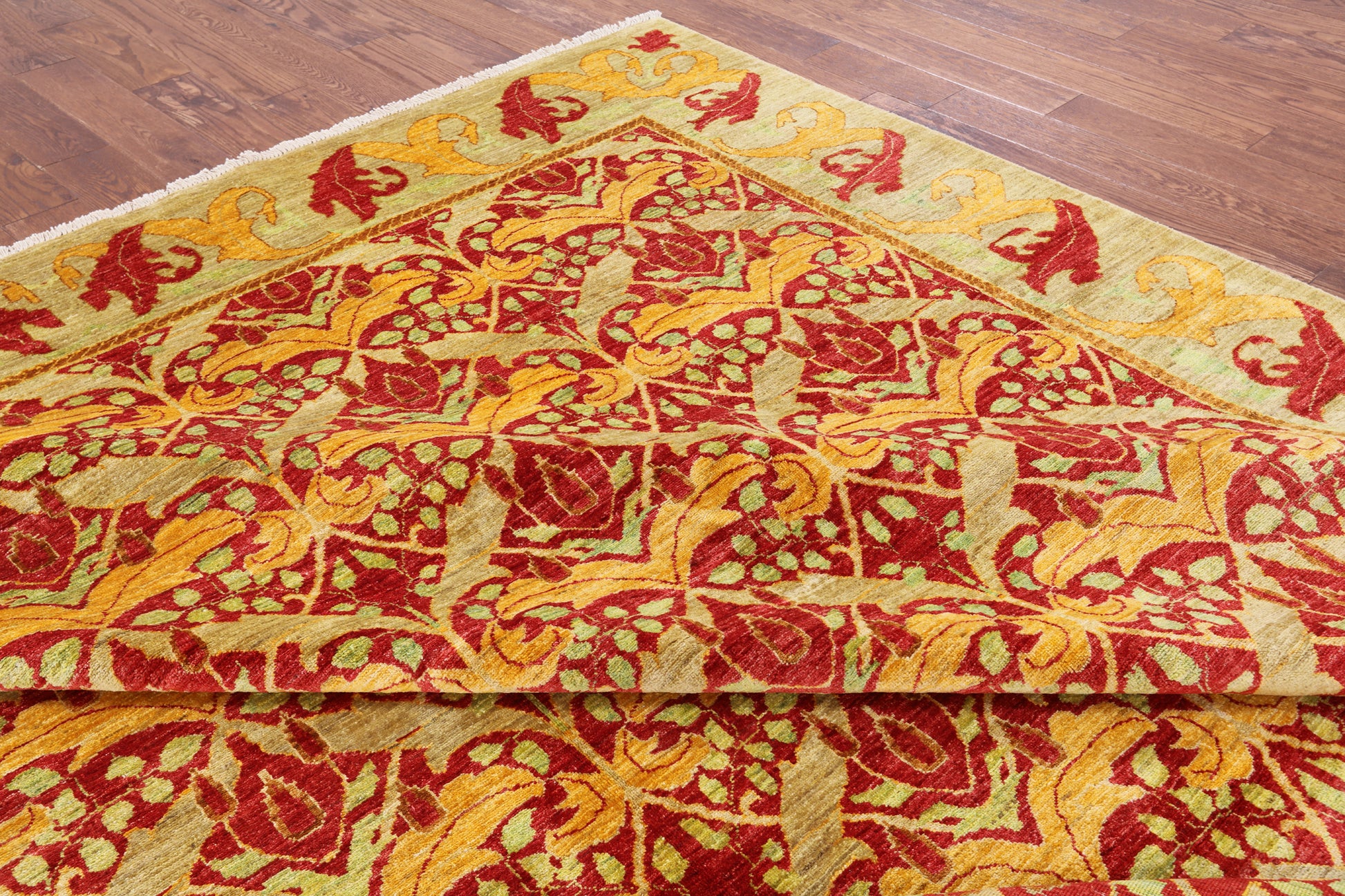 Red William Morris Hand Knotted Area Rug - 9' 2" X 11' 10" - Golden Nile