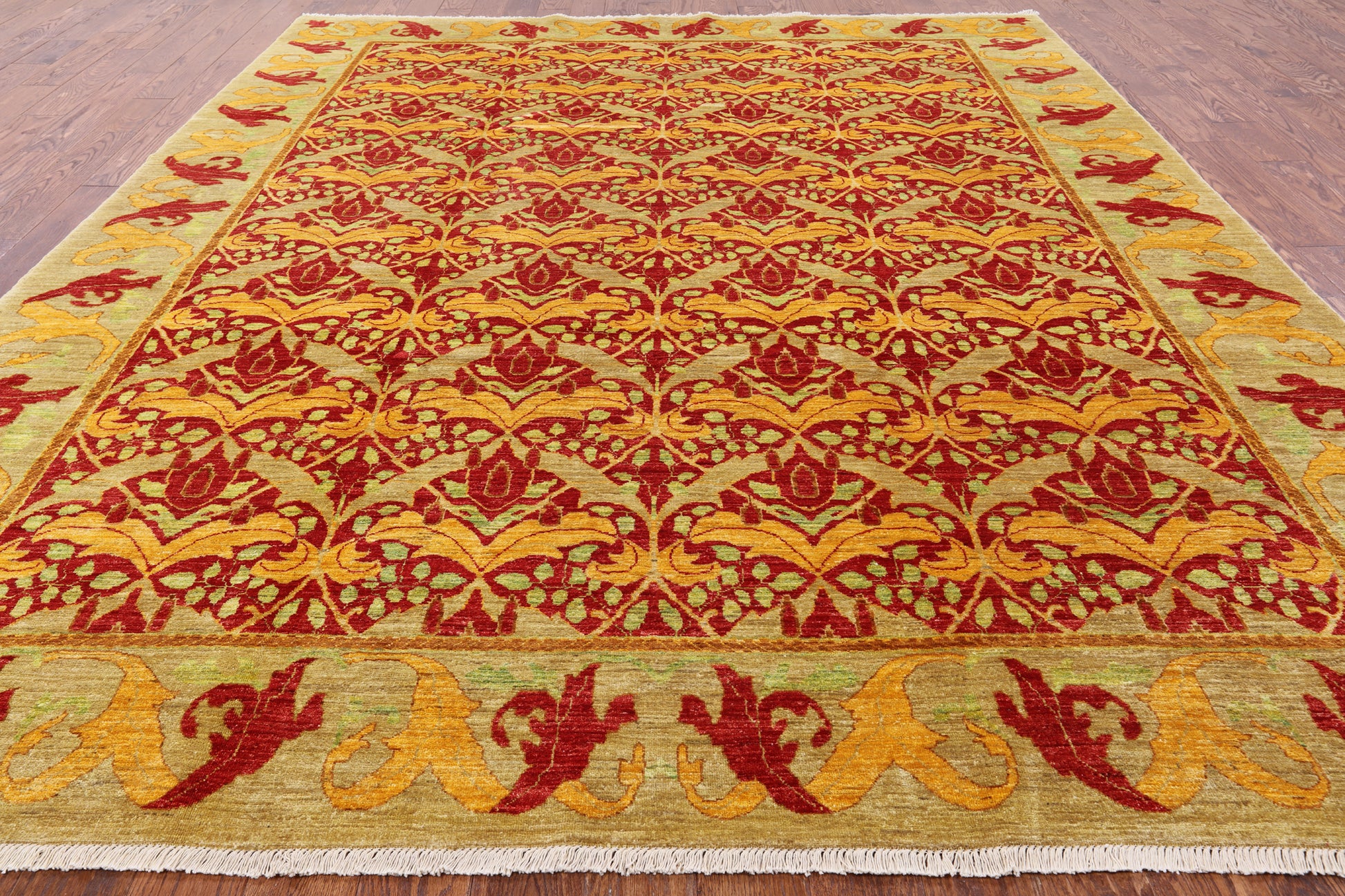 Red William Morris Hand Knotted Area Rug - 9' 2" X 11' 10" - Golden Nile