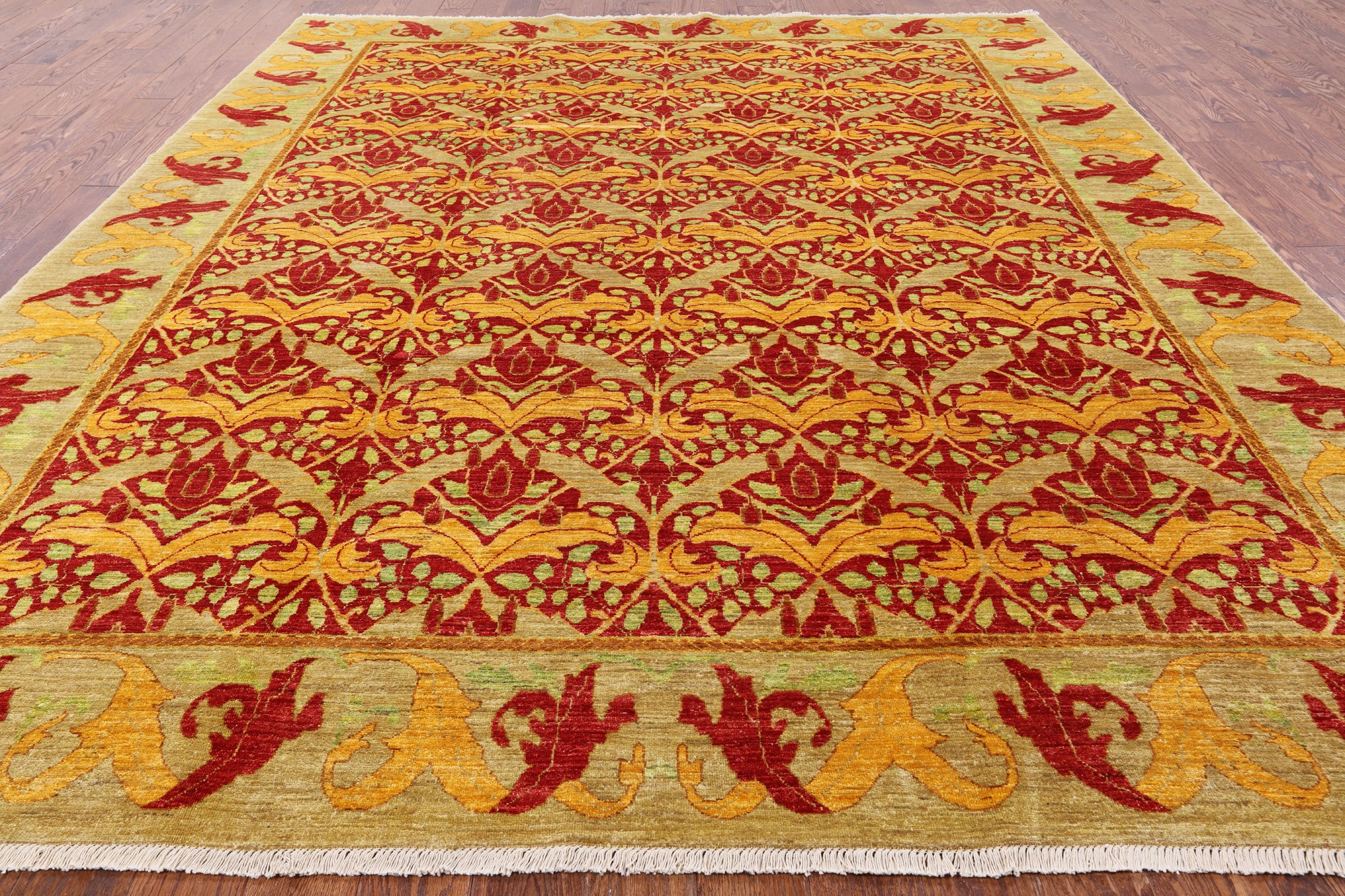 Red William Morris Hand Knotted Area Rug - 9' 2" X 11' 10" - Golden Nile