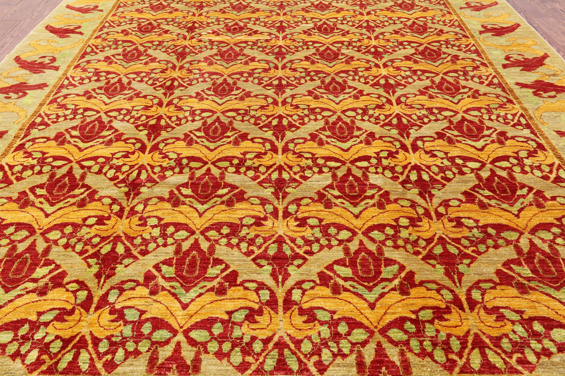 Red William Morris Hand Knotted Area Rug - 9' 2" X 11' 10" - Golden Nile