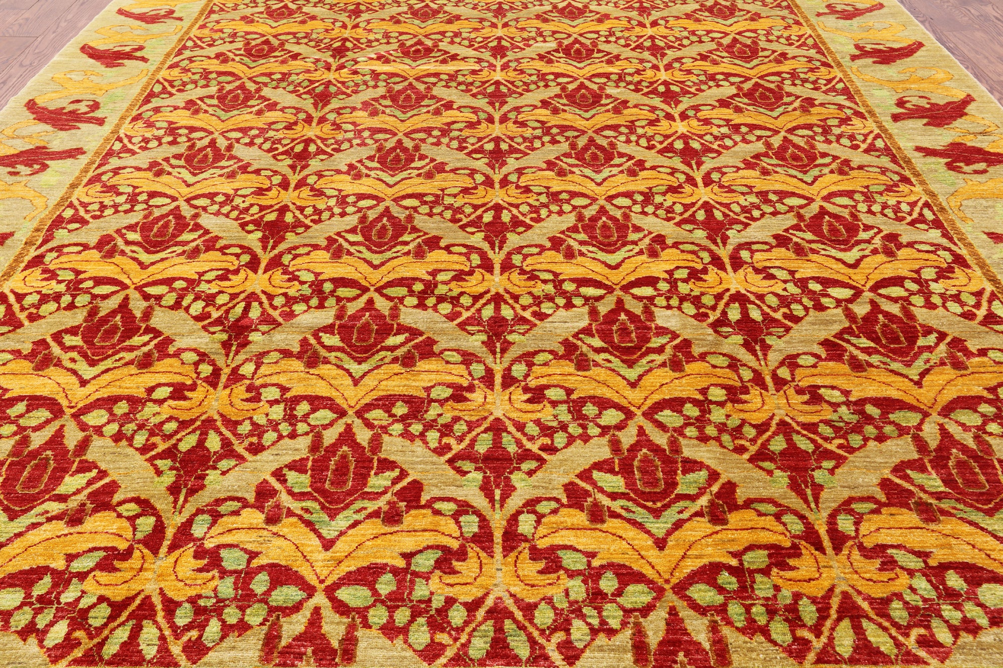 Red William Morris Hand Knotted Area Rug - 9' 2" X 11' 10" - Golden Nile