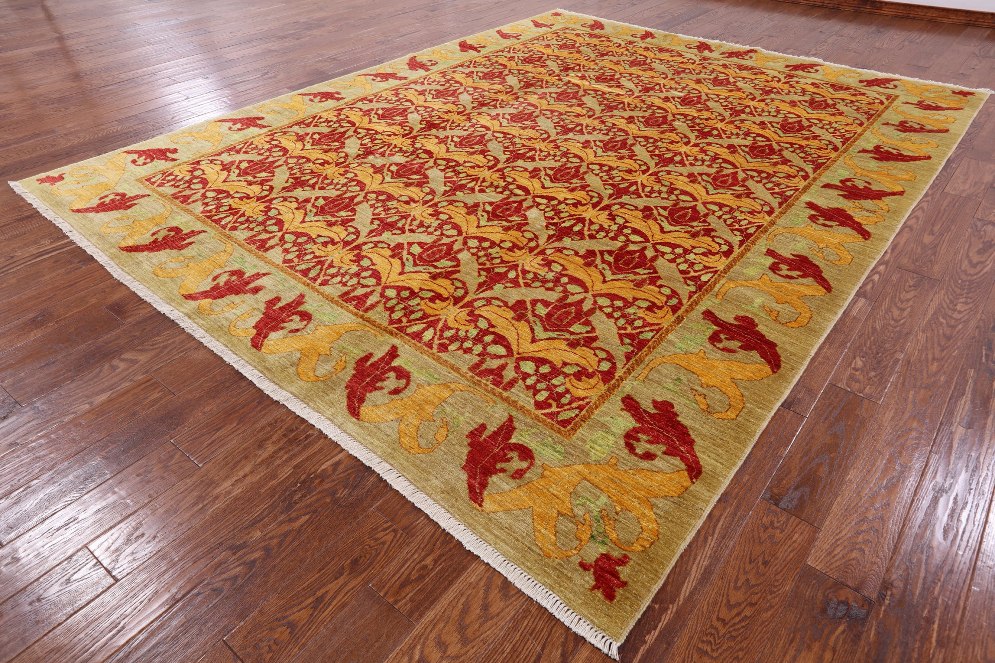 Red William Morris Hand Knotted Area Rug - 9' 2" X 11' 10" - Golden Nile