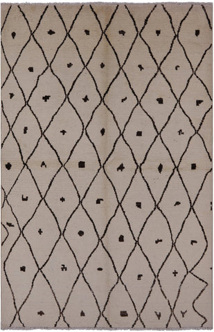 Ivory Tribal Moroccan Hand Knotted Area Rug - 6' 0