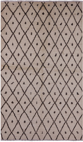 Ivory Tribal Moroccan Hand Knotted Area Rug - 5' 0" X 8' 3" - Golden Nile