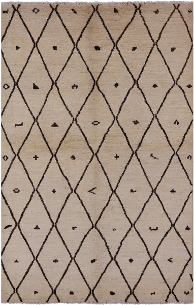 Ivory Tribal Moroccan Hand Knotted Wool Rug - 6' 0" X 9' 2" - Golden Nile