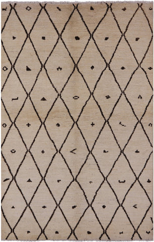 Ivory Tribal Moroccan Hand Knotted Wool Rug - 6' 0