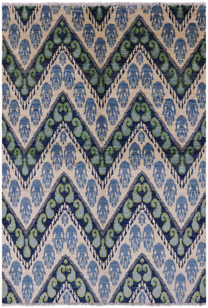 Ikat Hand Knotted Wool Rug - 6' 0" X 8' 10" - Golden Nile