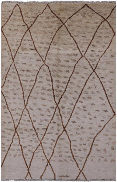 Ivory Signed Tribal Moroccan Hand Knotted Wool Rug - 5' 10" X 9' 1" - Golden Nile