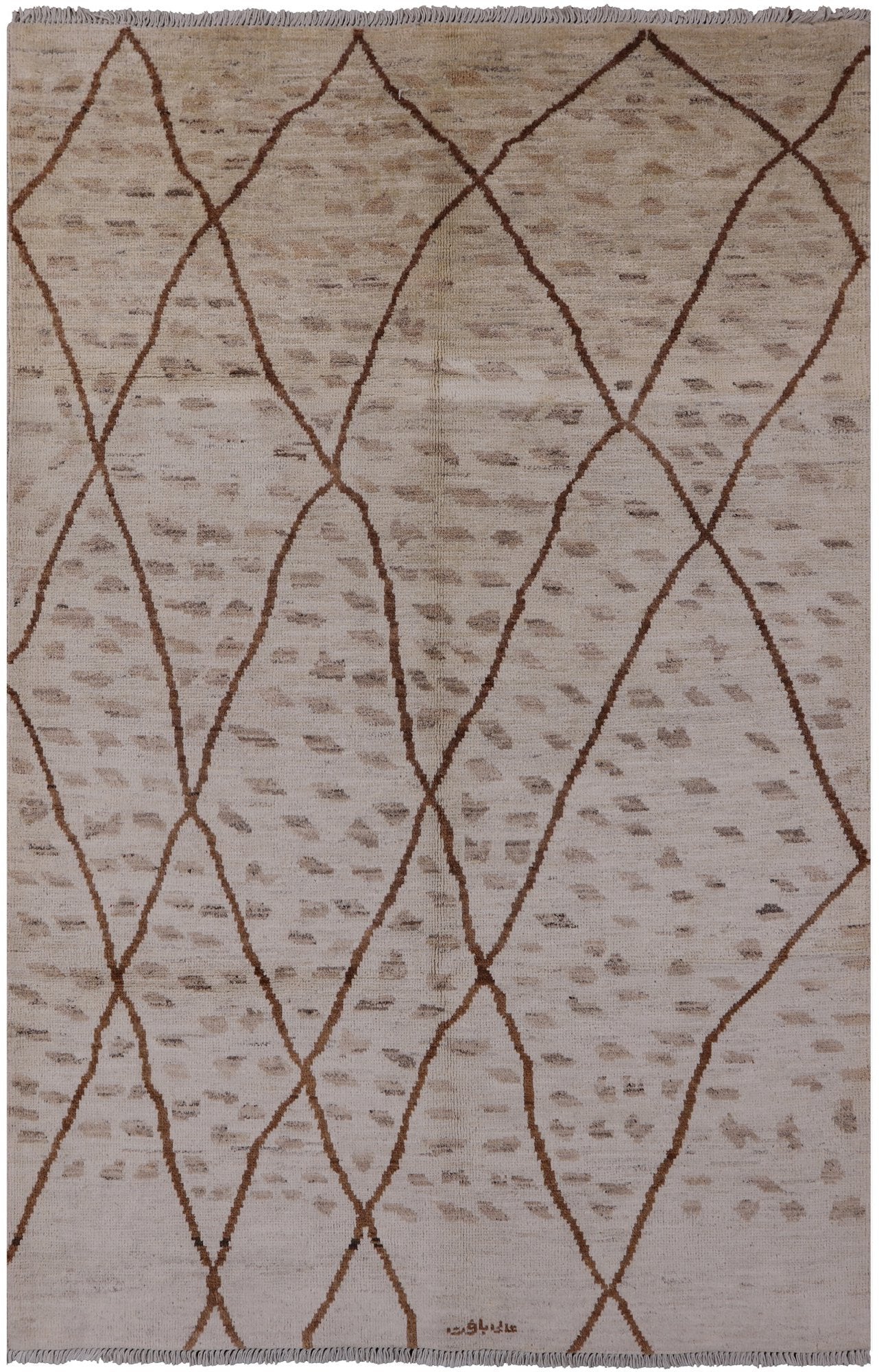Ivory Signed Tribal Moroccan Hand Knotted Wool Rug - 5' 10" X 9' 1" - Golden Nile