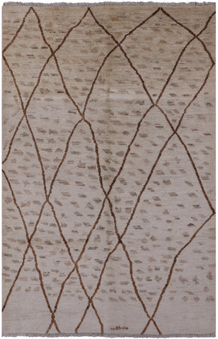 Ivory Signed Tribal Moroccan Hand Knotted Wool Rug - 5' 10