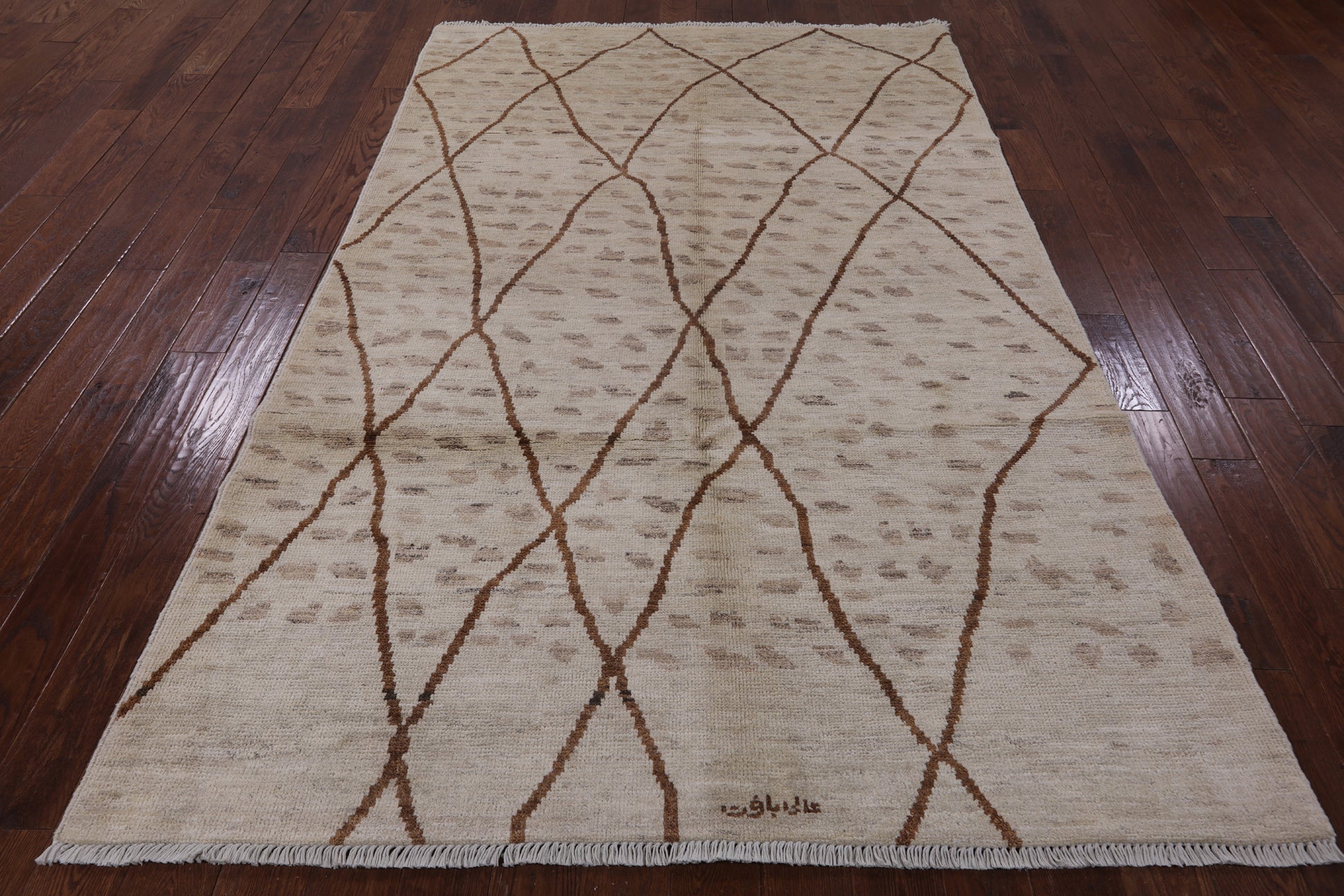 Ivory Signed Tribal Moroccan Hand Knotted Wool Rug - 5' 10" X 9' 1" - Golden Nile