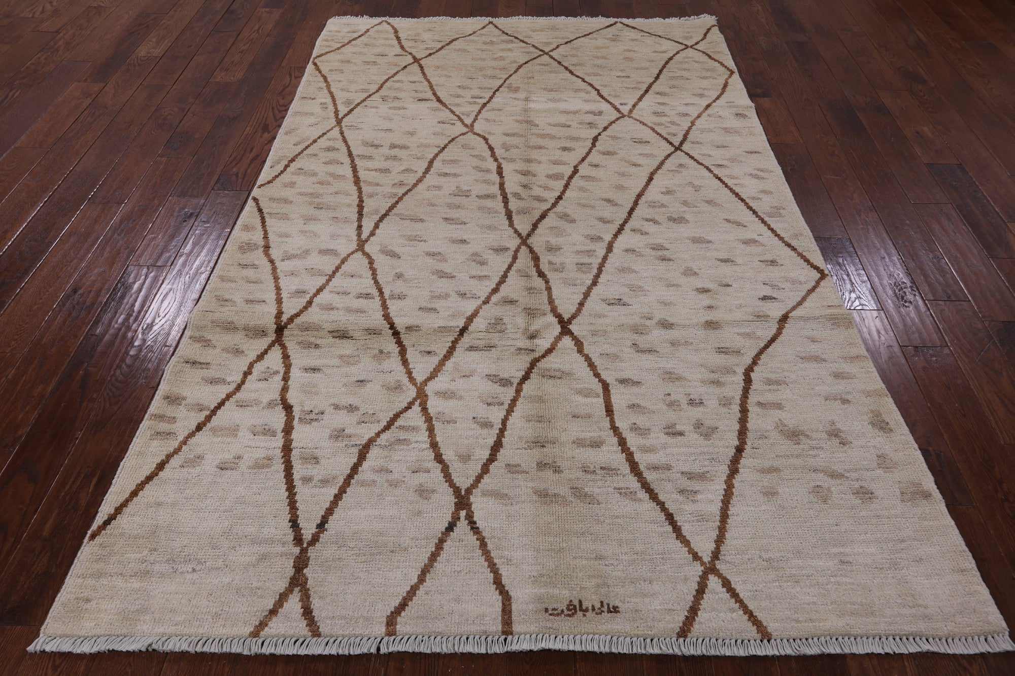 Ivory Signed Tribal Moroccan Hand Knotted Wool Rug - 5' 10" X 9' 1" - Golden Nile