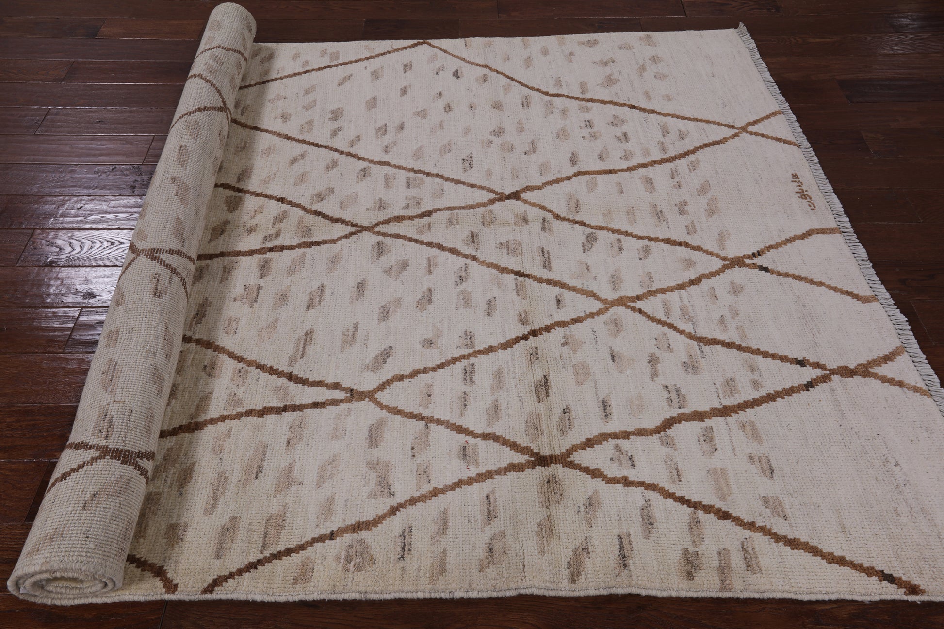 Ivory Signed Tribal Moroccan Hand Knotted Wool Rug - 5' 10" X 9' 1" - Golden Nile