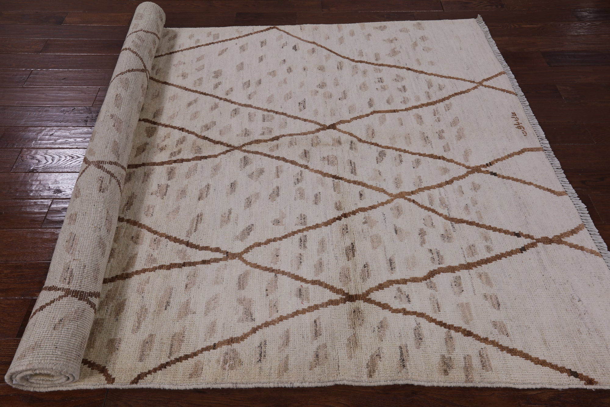 Ivory Signed Tribal Moroccan Hand Knotted Wool Rug - 5' 10" X 9' 1" - Golden Nile