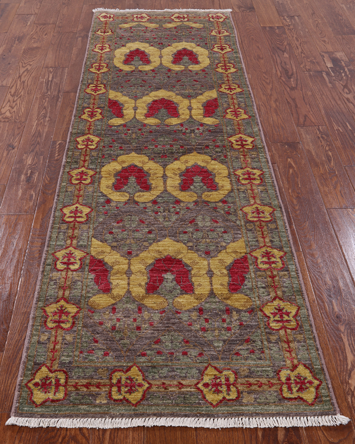 Grey William Morris Handmade Wool Runner Rug - 2' 8" X 8' 5" - Golden Nile