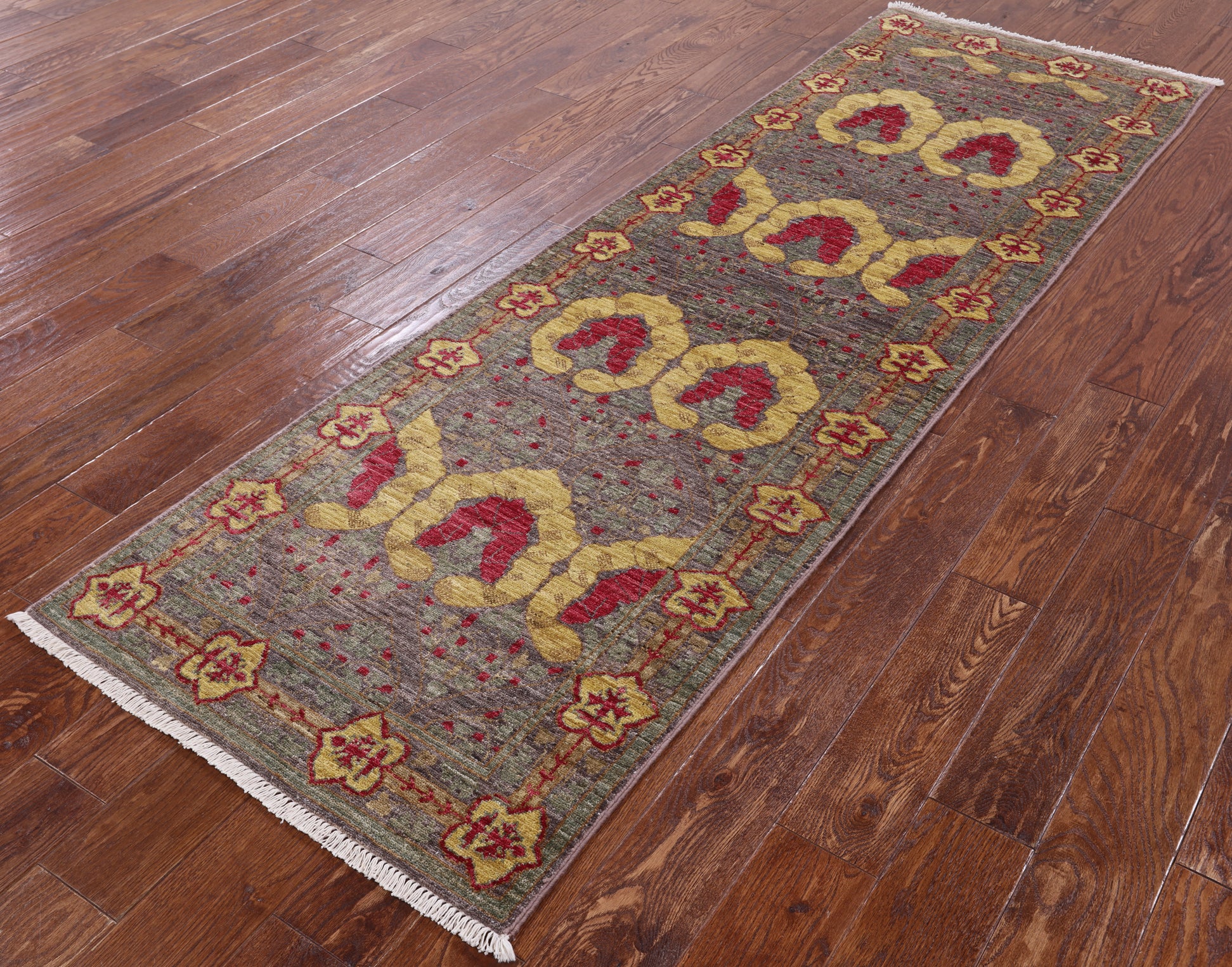 Grey William Morris Handmade Wool Runner Rug - 2' 8" X 8' 5" - Golden Nile