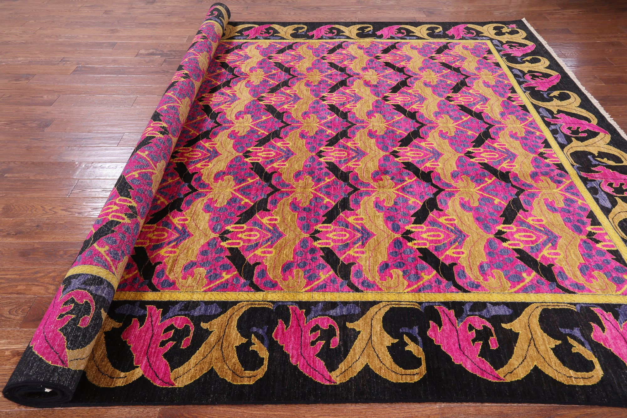 Pink William Morris Hand Knotted Wool Rug - 9' 9" X 13' 7" - Golden Nile