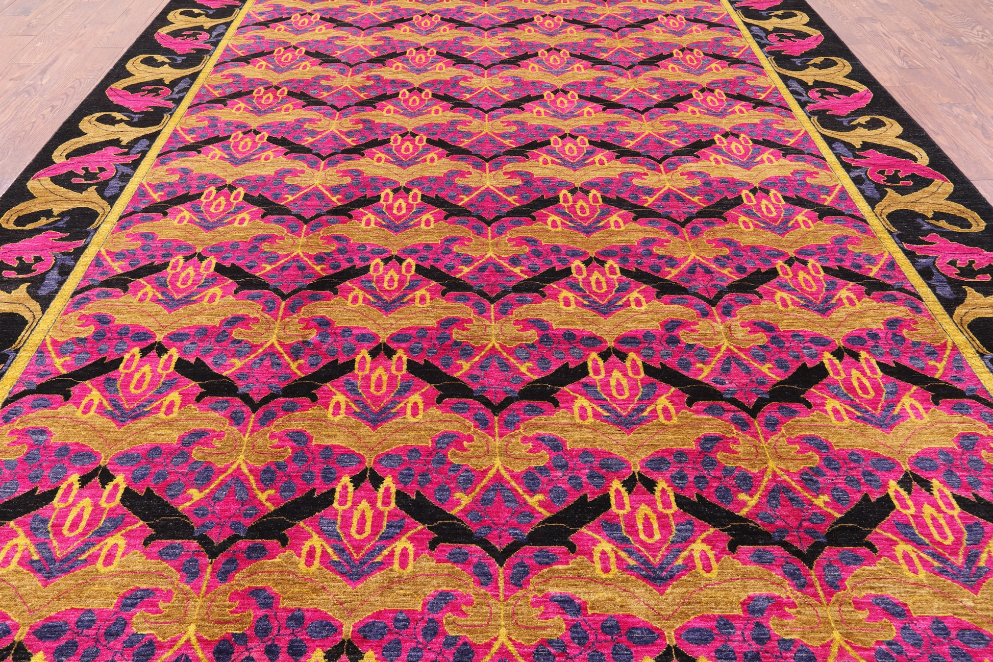 Pink William Morris Hand Knotted Wool Rug - 9' 9" X 13' 7" - Golden Nile