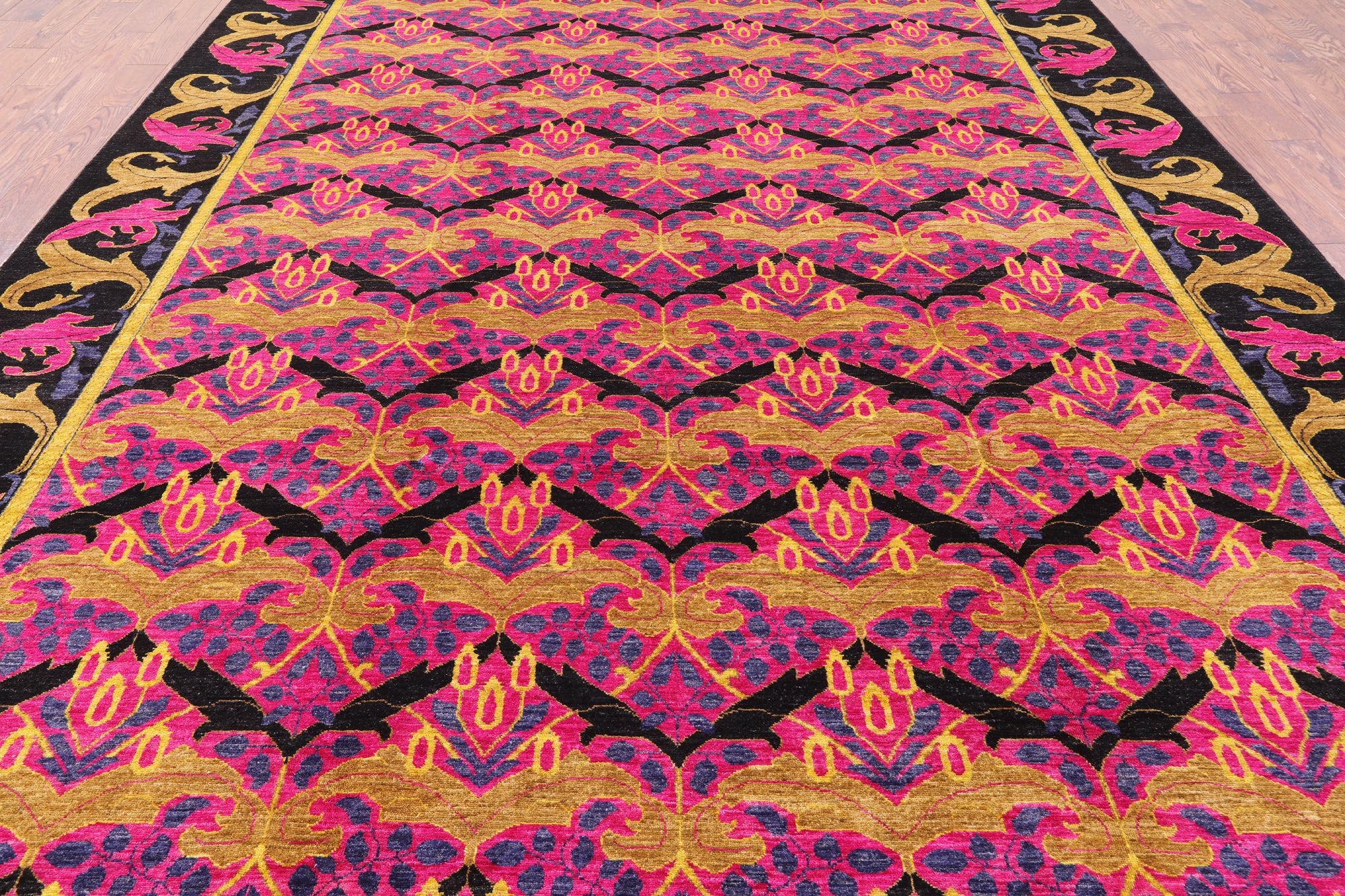 Pink William Morris Hand Knotted Wool Rug - 9' 9" X 13' 7" - Golden Nile