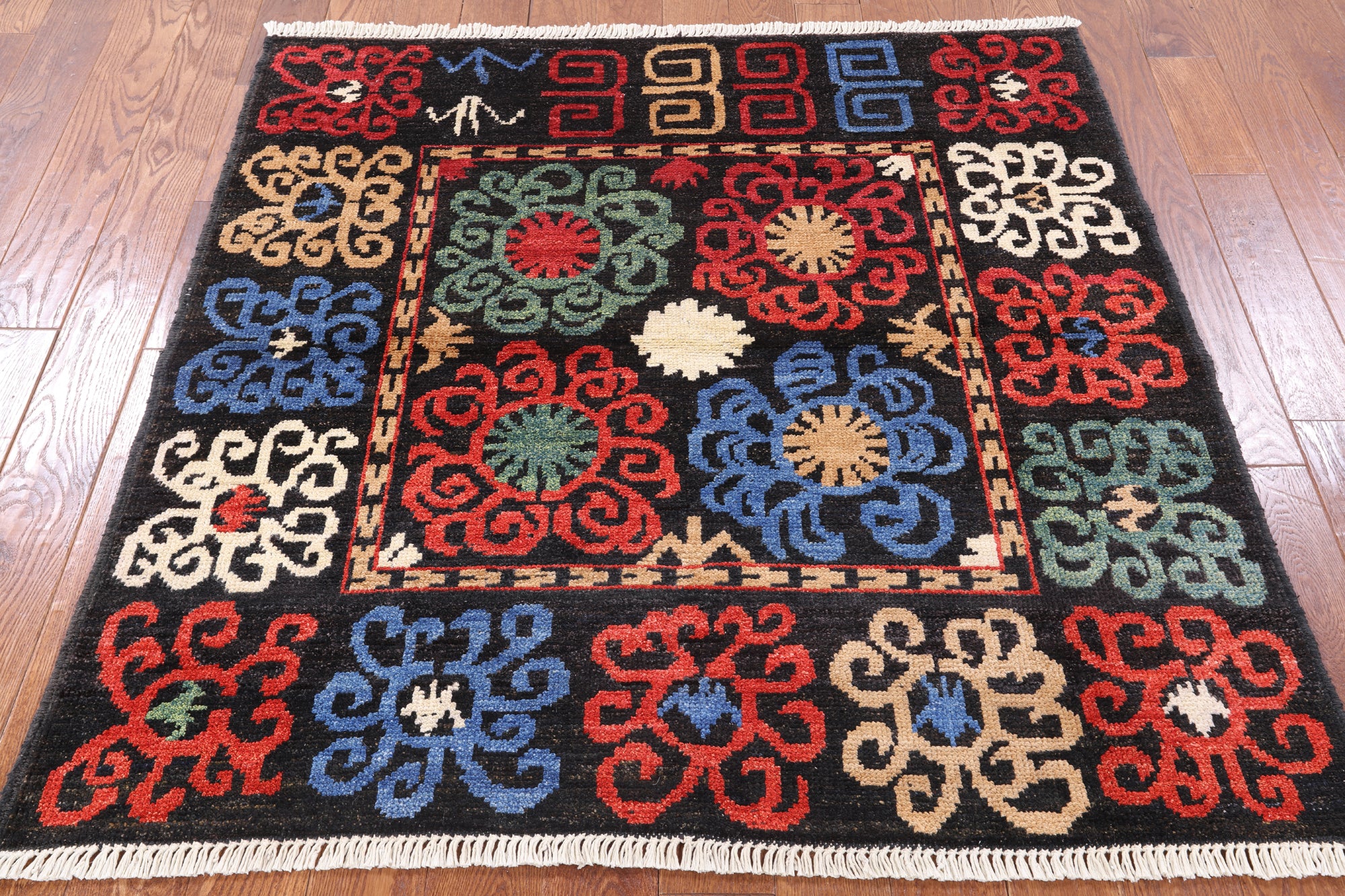 Black Square Ikat Hand Knotted Wool Area Rug - 5' 1" X 5' 2" - Golden Nile