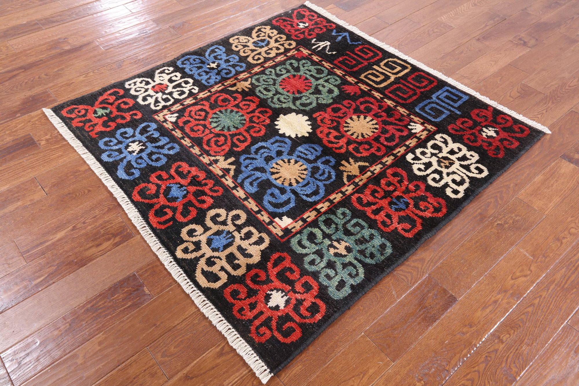 Black Square Ikat Hand Knotted Wool Area Rug - 5' 1" X 5' 2" - Golden Nile