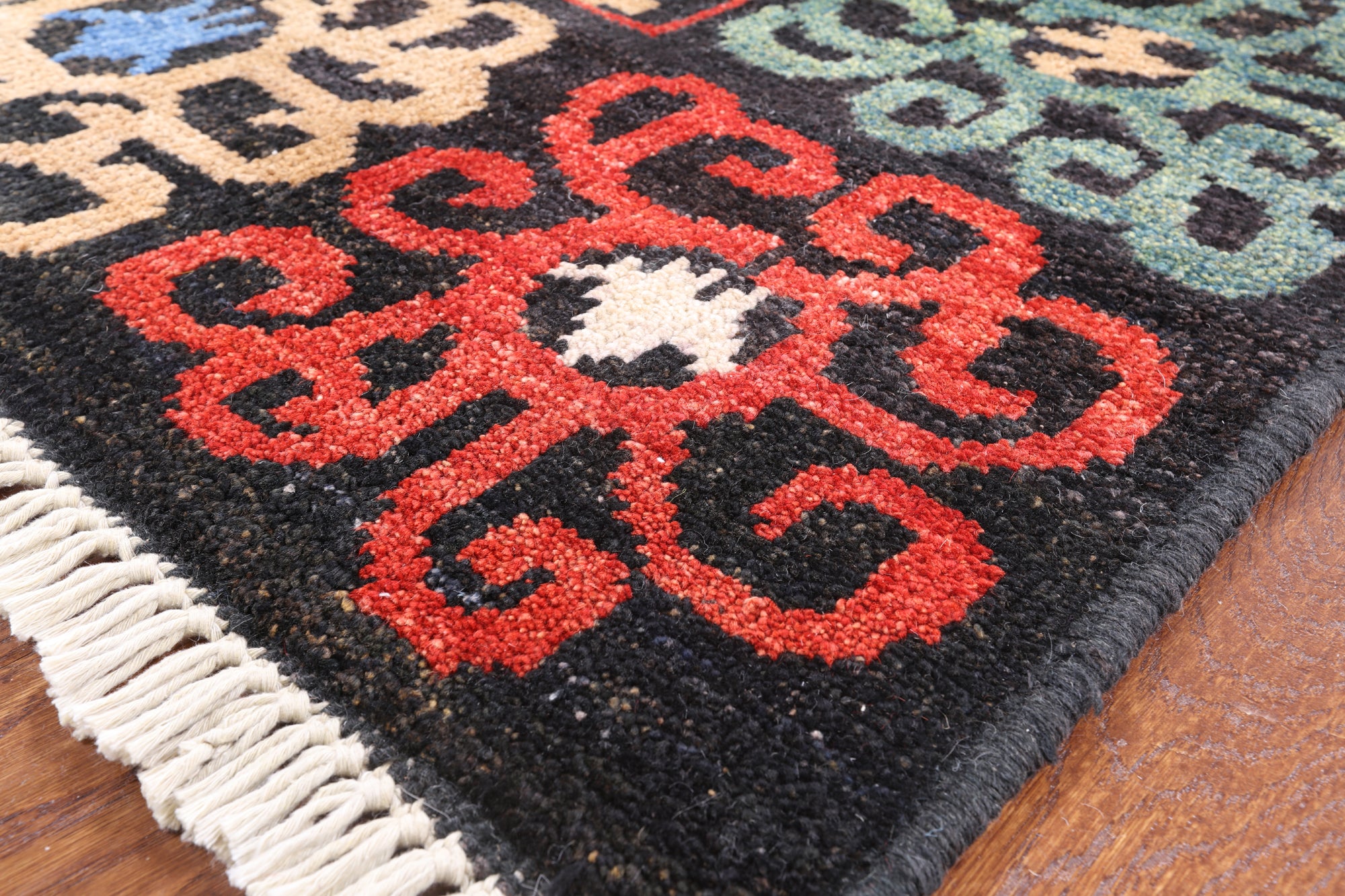 Black Square Ikat Hand Knotted Wool Area Rug - 5' 1" X 5' 2" - Golden Nile