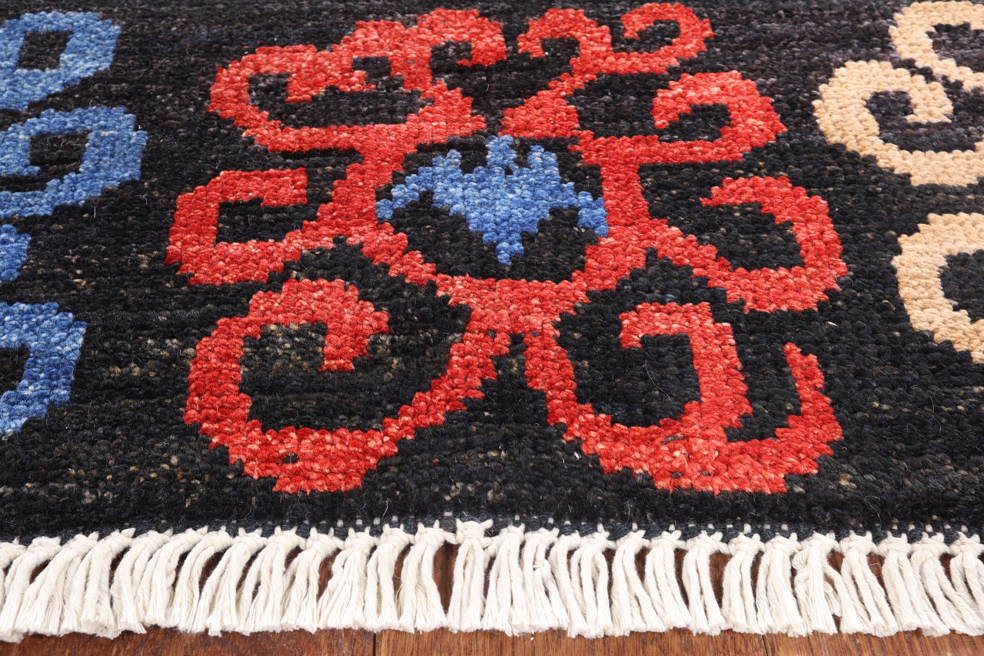 Black Square Ikat Hand Knotted Wool Area Rug - 5' 1" X 5' 2" - Golden Nile