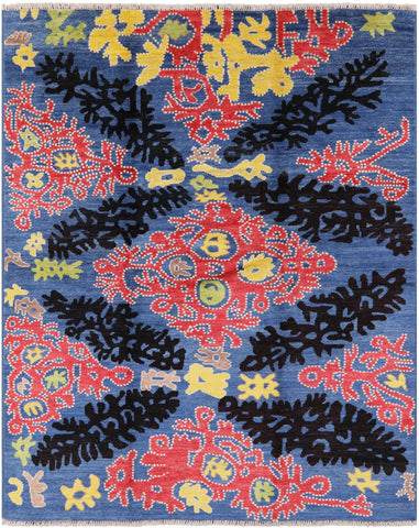 Blue Ikat Hand Knotted Wool Area Rug - 8' 2