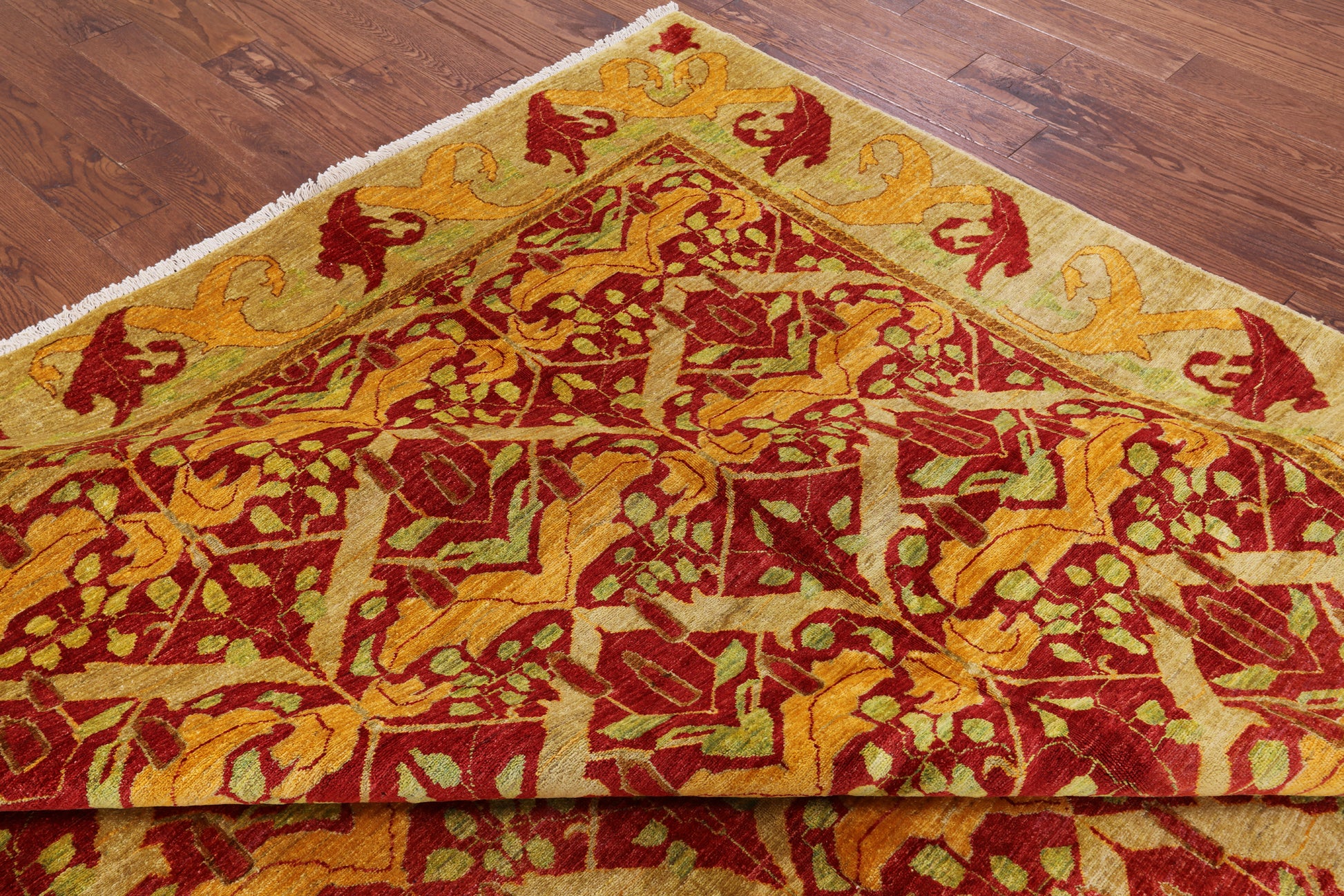 Red William Morris Hand Knotted Wool Area Rug - 9' 0" X 12' 7" - Golden Nile