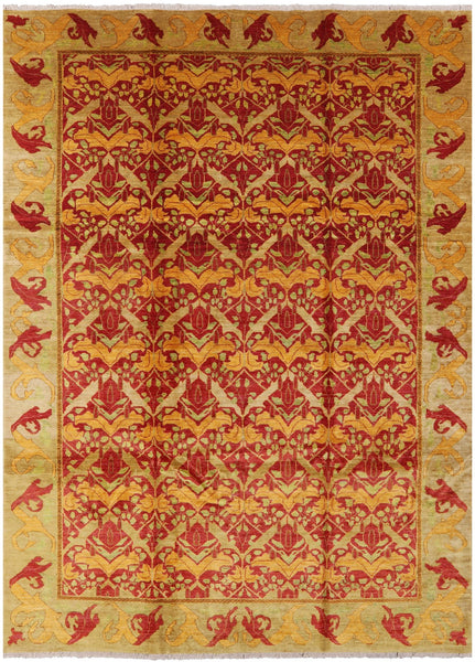 Red William Morris Hand Knotted Wool Area Rug - 9' 0" X 12' 7" - Golden Nile