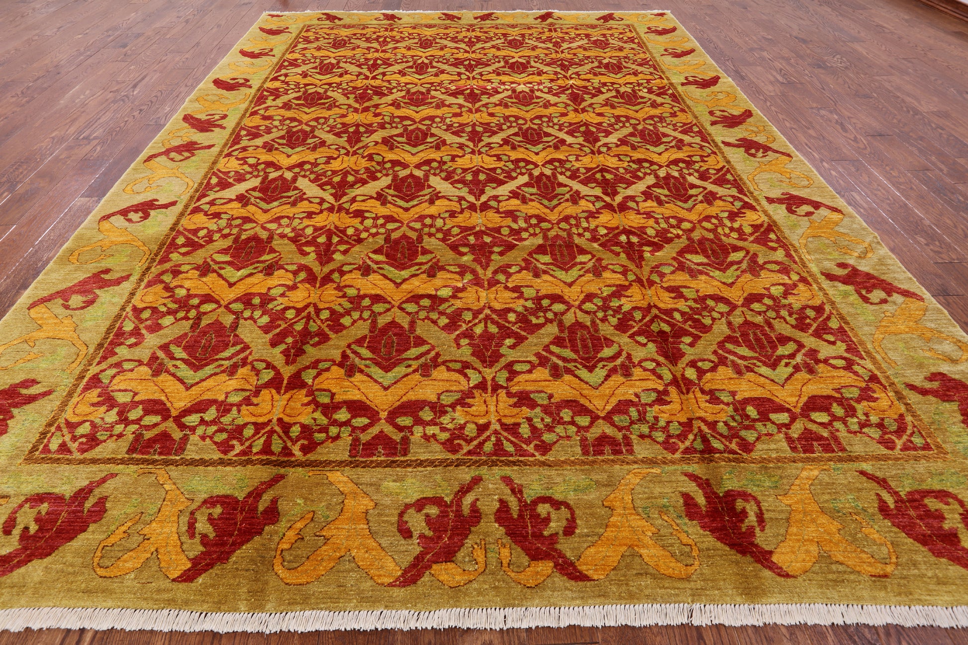 Red William Morris Hand Knotted Wool Area Rug - 9' 0" X 12' 7" - Golden Nile